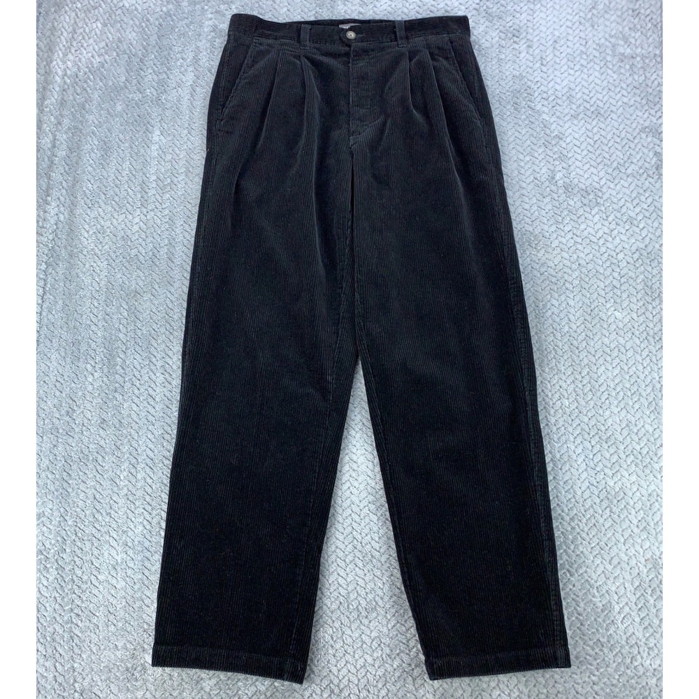 St. Johns Bay Corduroy Pants Men 34x32 Black Pleated Cuffed Straight Leg